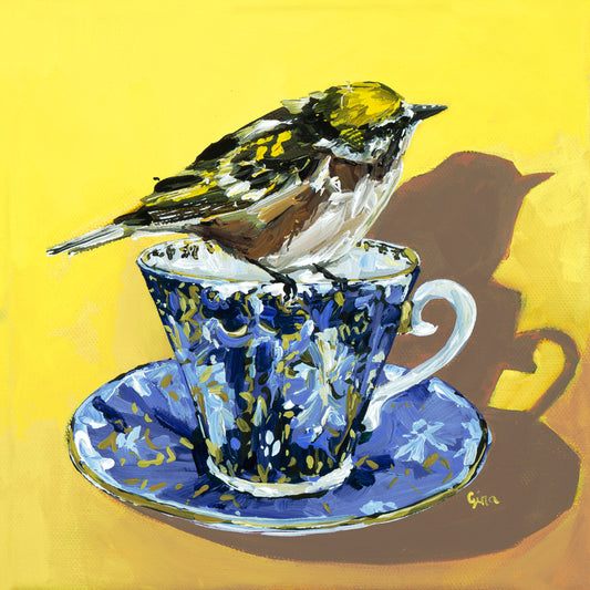 Yellow Warbler perched on a vintage floral teacup — bird art card by Birds on a Cup