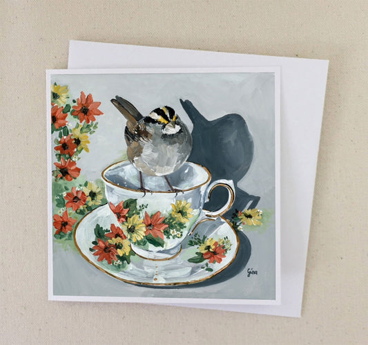 Sparrow on Vintage Floral Teacup art card — Birds on a Cup

