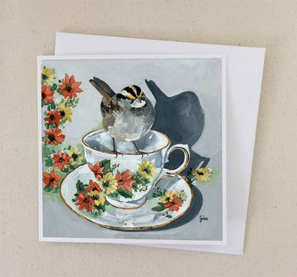 Sparrow on Vintage Floral Teacup art card — Birds on a Cup

