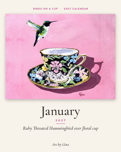2027 Birds On A Cup Fold-Out Wall Calendar by Gina
