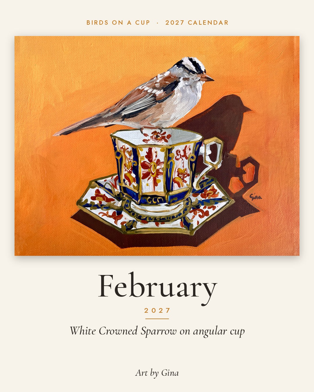 2027 Birds On A Cup Fold-Out Wall Calendar by Gina