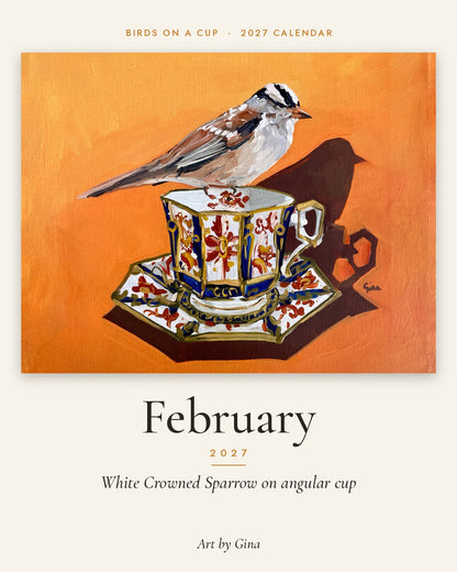 2027 Birds On A Cup Fold-Out Wall Calendar by Gina