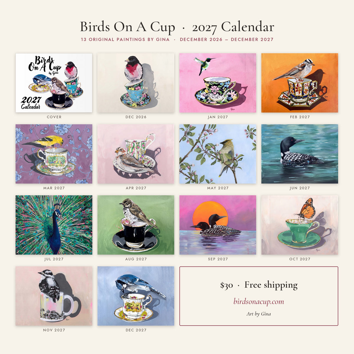 2027 Birds On A Cup Fold-Out Wall Calendar by Gina