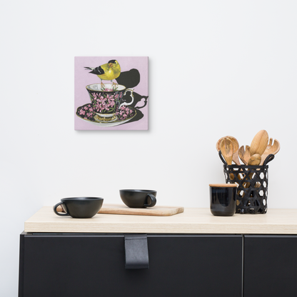 Goldfinch perched on a teacup having a cuppa — 10x10 canvas print by Birds on a Cup
