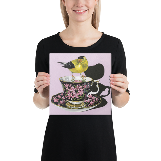 Goldfinch perched on a teacup having a cuppa — 10x10 canvas print by Birds on a Cup
