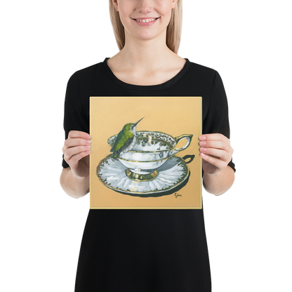 Green hummingbird on a gold rimmed teacup — 10x10 canvas print by Birds on a Cup
