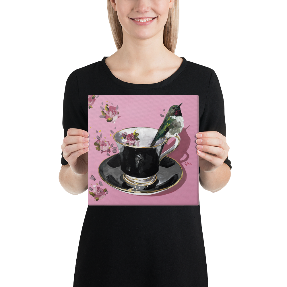 
Ruby-throated hummingbird on a teacup — 10x10 canvas print by Birds on a Cup