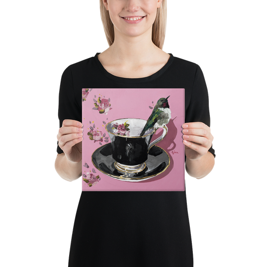 
Ruby-throated hummingbird on a teacup — 10x10 canvas print by Birds on a Cup