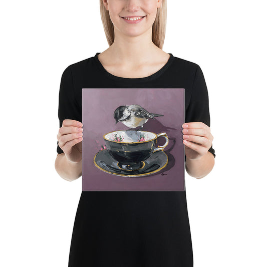 Proud Chickadee reading the tea leaves — 10x10 canvas print by Birds on a cup