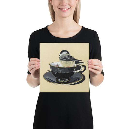 Chickadee on a cup lost in thought — 10x10 canvas print by Birds on a Cup
