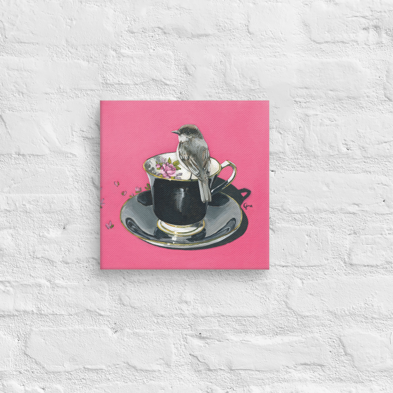Chickadee in black and fuchsia — 10x10 canvas print by Birds on a Cup
