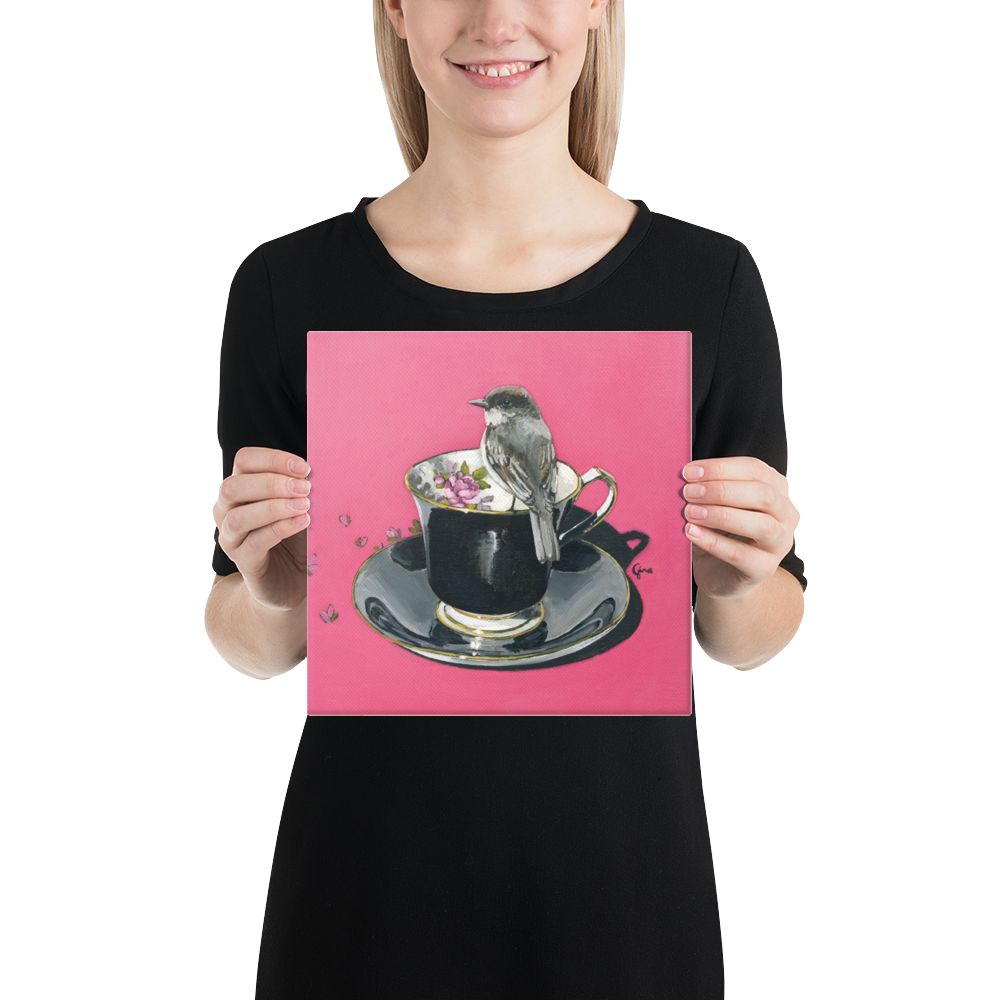 Chickadee in black and fuchsia — 10x10 canvas print by Birds on a Cup
