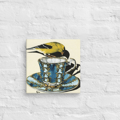 Goldfinch on a blue and gold teacup — 10x10 canvas print by Birds on a Cup
