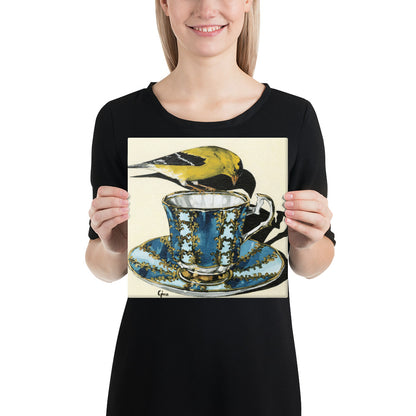 Goldfinch on a blue and gold teacup — 10x10 canvas print by Birds on a Cup
