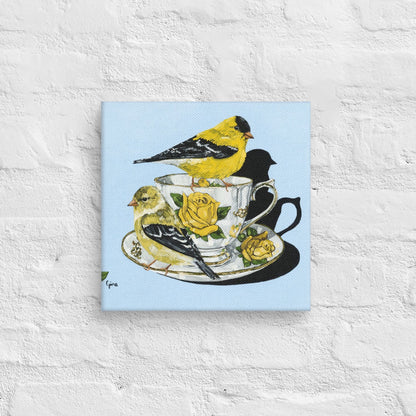 Two birds perched on a teacup — 10x10 canvas print by Birds on a Cup
