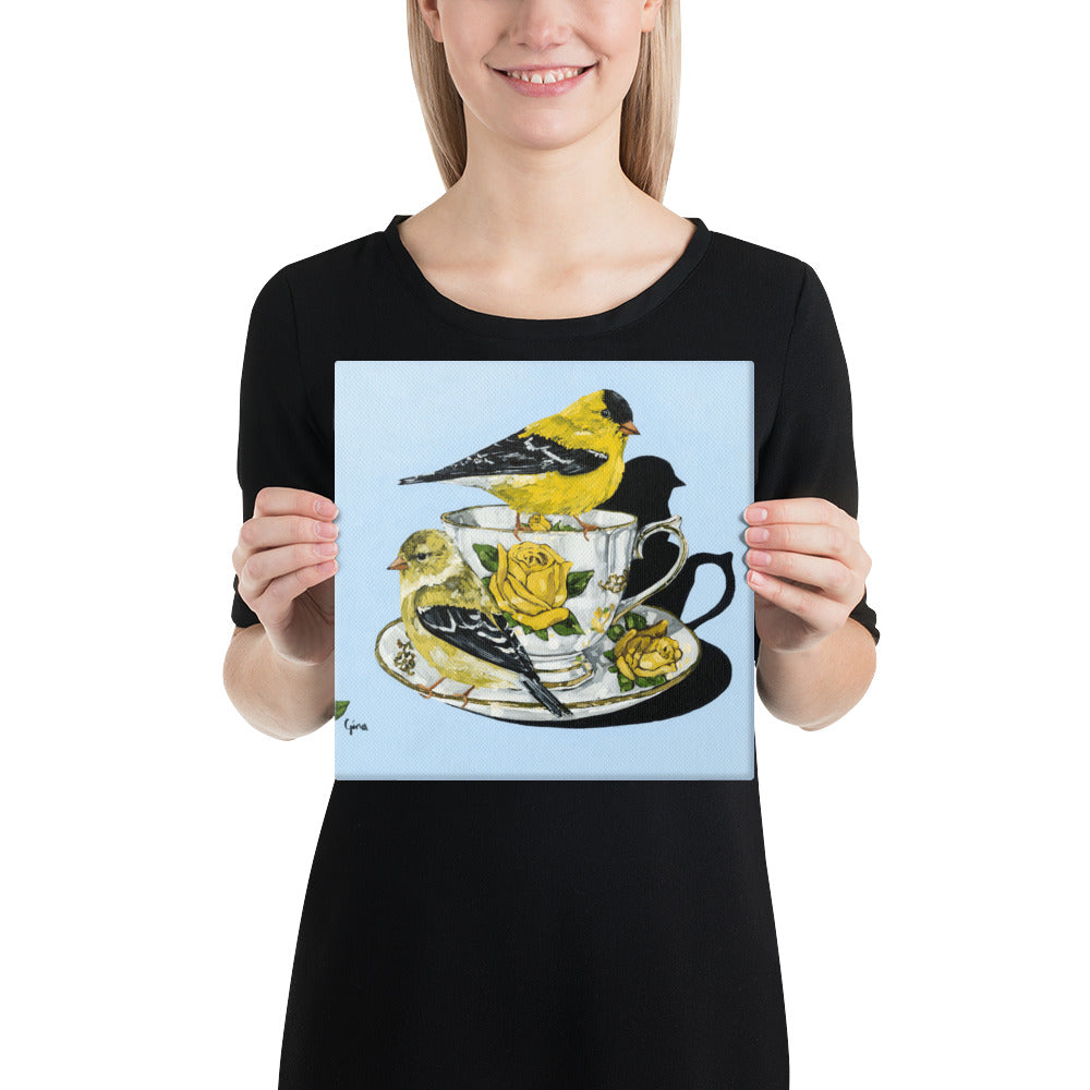 Two birds perched on a teacup — 10x10 canvas print by Birds on a Cup
