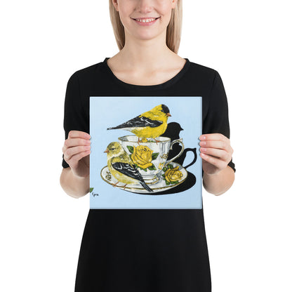 Two birds perched on a teacup — 10x10 canvas print by Birds on a Cup
