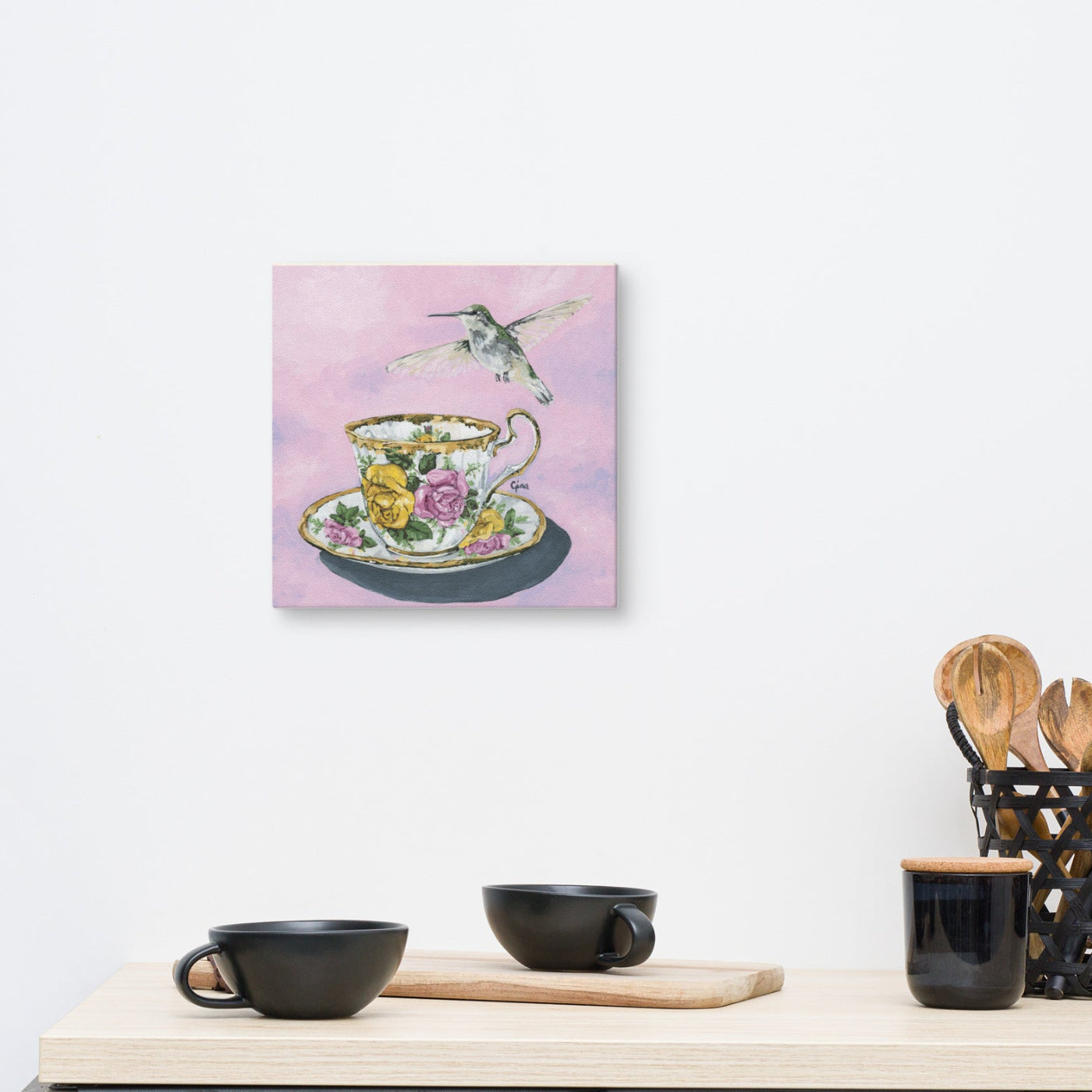 Hummingbird in flight over a floral teacup — 10x10 canvas print by Birds on a Cup