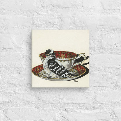 Proud Downy Woodpecker on a ruby and gold teacup — 10x10 canvas print by Birds on a Cup