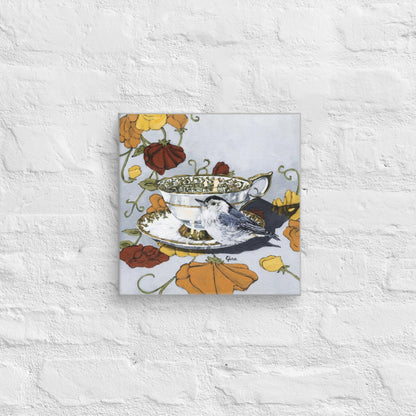 Chickadee on a saucer and grandma's tablecloth — 10x10 canvas print by Birds on a Cup