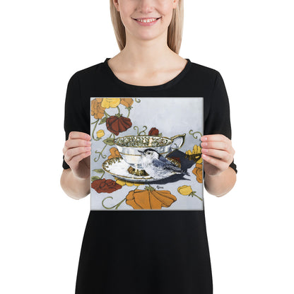 Chickadee on a saucer and grandma's tablecloth — 10x10 canvas print by Birds on a Cup