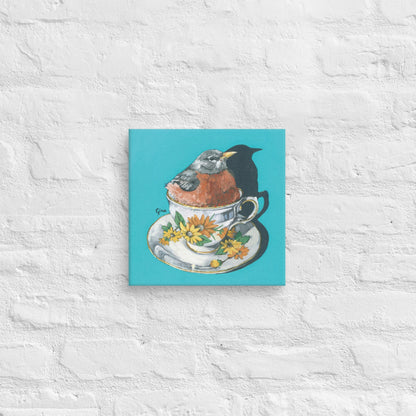 Robin nestled comfortably in a teacup — 10x10 canvas print by Birds on a Cup
