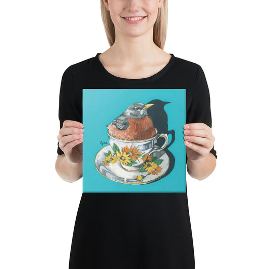 Robin nestled comfortably in a teacup — 10x10 canvas print by Birds on a Cup