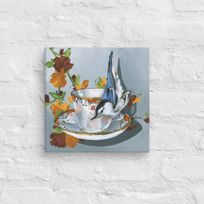 Nuthatch hanging upside down on a teacup — 10x10 canvas print by Birds on a Cup