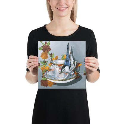 Nuthatch hanging upside down on a teacup — 10x10 canvas print by Birds on a Cup
