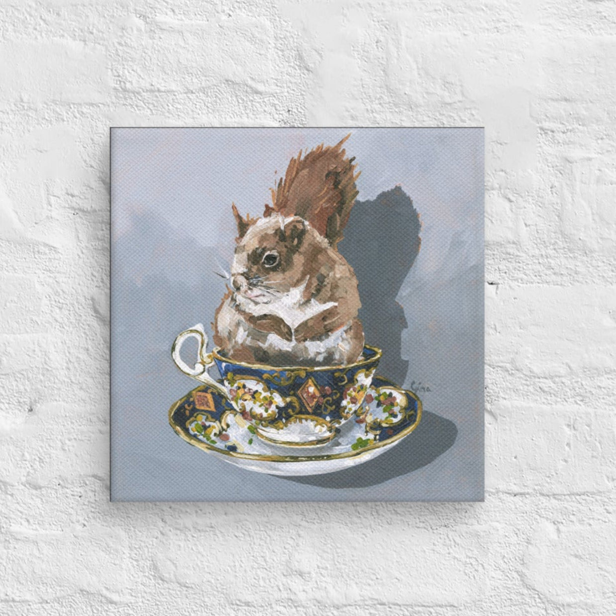 Squirrel tucked into a teacup — 10x10 canvas print by Birds on a Cup
