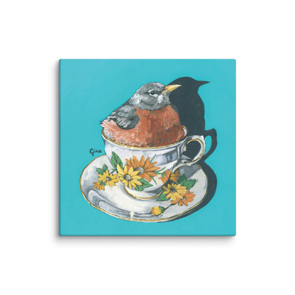 Robin nestled comfortably in a teacup — 10x10 canvas print by Birds on a Cup