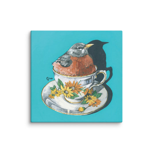 Robin nestled comfortably in a teacup — 10x10 canvas print by Birds on a Cup