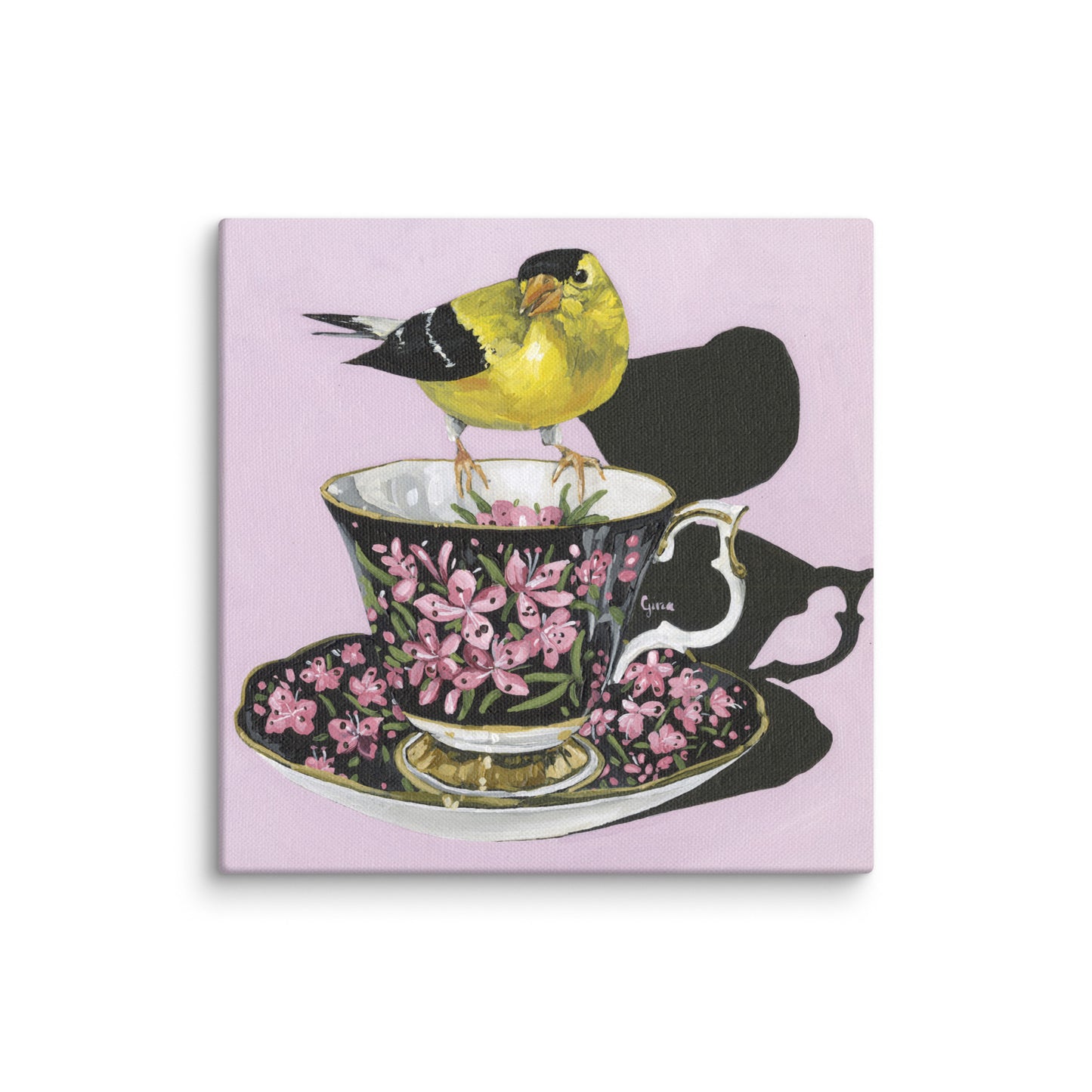 Goldfinch perched on a teacup having a cuppa — 10x10 canvas print by Birds on a Cup
