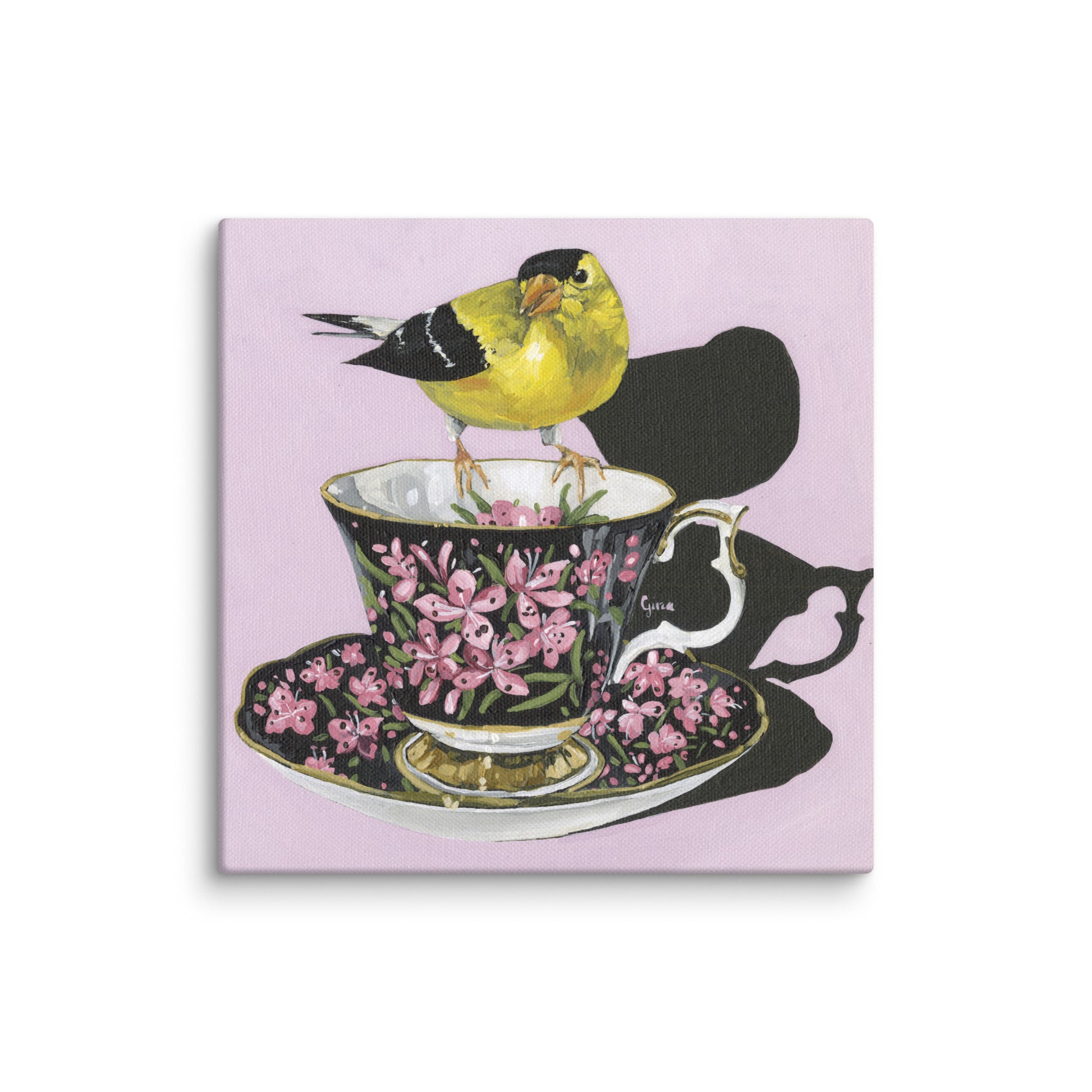 Goldfinch perched on a teacup having a cuppa — 10x10 canvas print by Birds on a Cup
