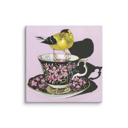 Goldfinch perched on a teacup having a cuppa — 10x10 canvas print by Birds on a Cup
