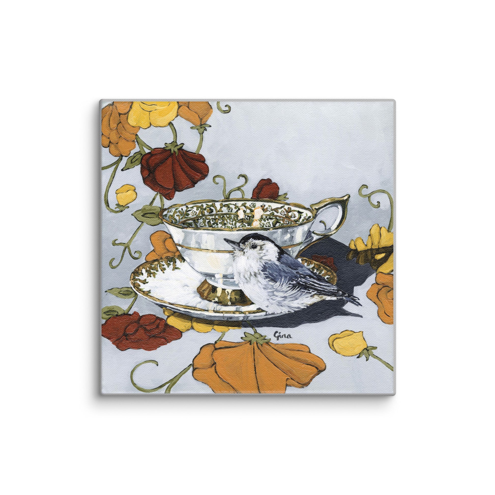 Chickadee on a saucer and grandma's tablecloth — 10x10 canvas print by Birds on a Cup