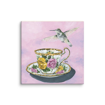 Hummingbird in flight over a floral teacup — 10x10 canvas print by Birds on a Cup