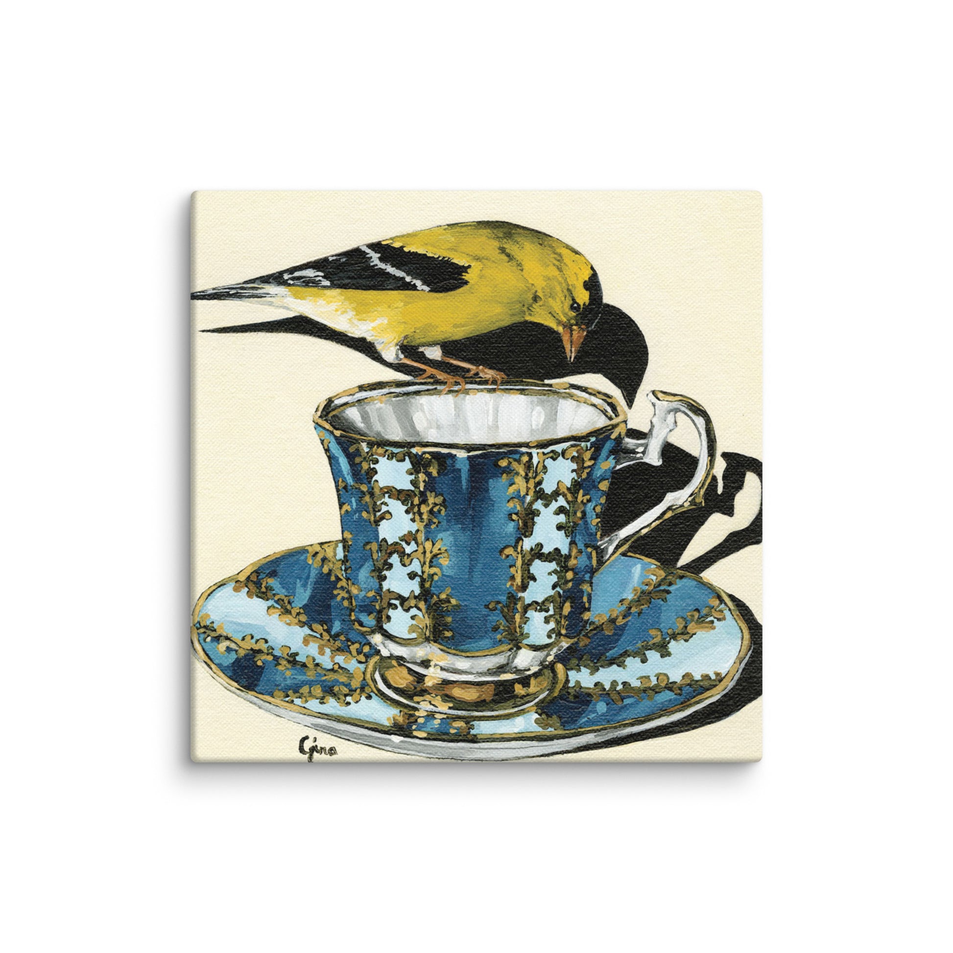 Goldfinch on a blue and gold teacup — 10x10 canvas print by Birds on a Cup
