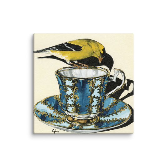 Goldfinch on a blue and gold teacup — 10x10 canvas print by Birds on a Cup
