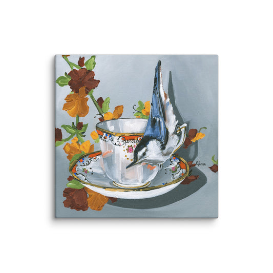 Nuthatch hanging upside down on a teacup — 10x10 canvas print by Birds on a Cup