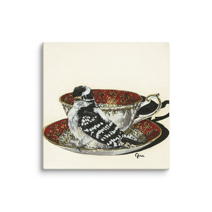 Proud Downy Woodpecker on a ruby and gold teacup — 10x10 canvas print by Birds on a Cup