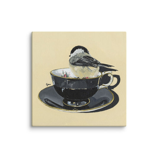 Chickadee on a cup lost in thought — 10x10 canvas print by Birds on a Cup
