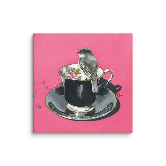 Chickadee in black and fuchsia — 10x10 canvas print by Birds on a Cup
