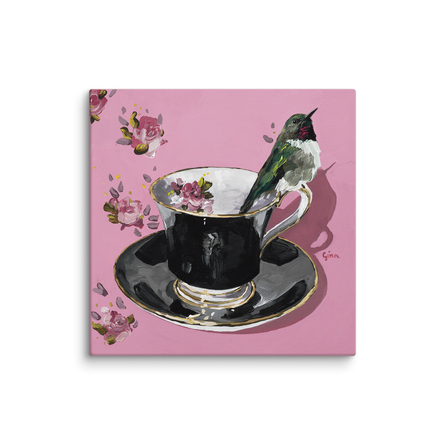 
Ruby-throated hummingbird on a teacup — 10x10 canvas print by Birds on a Cup