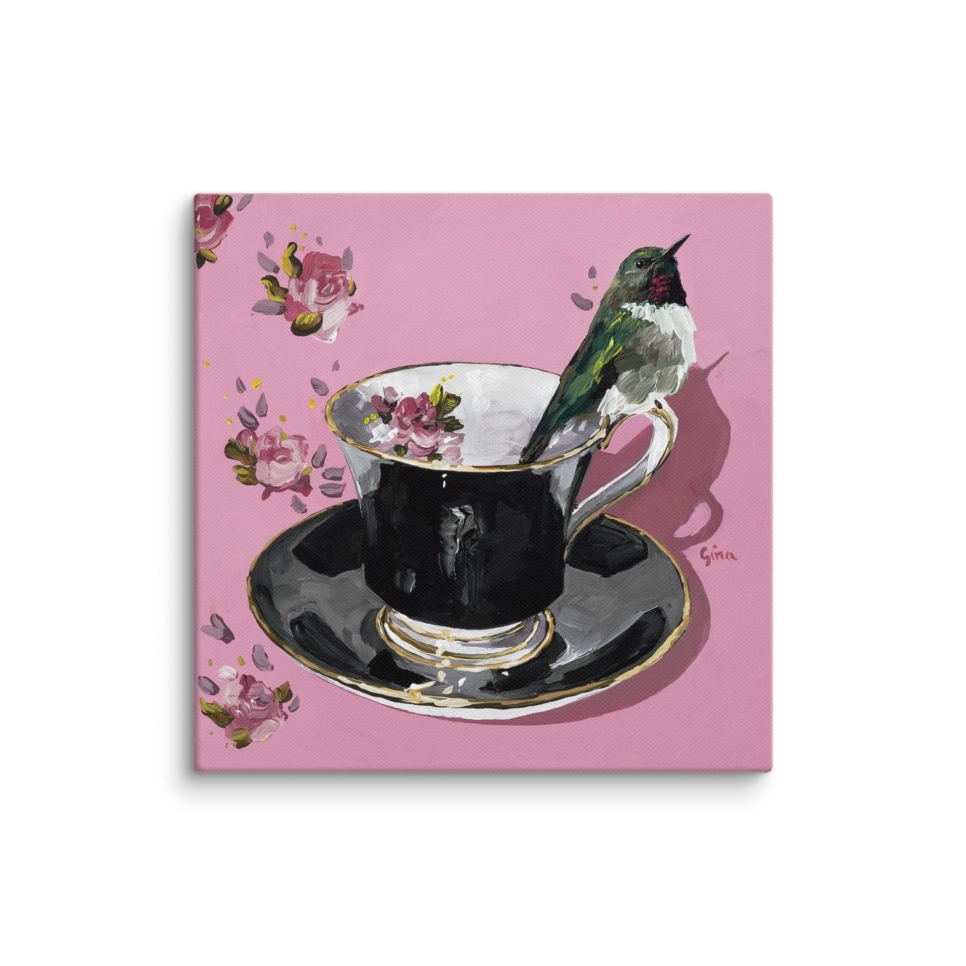 
Ruby-throated hummingbird on a teacup — 10x10 canvas print by Birds on a Cup