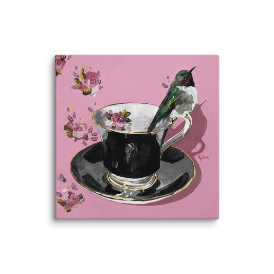 
Ruby-throated hummingbird on a teacup — 10x10 canvas print by Birds on a Cup