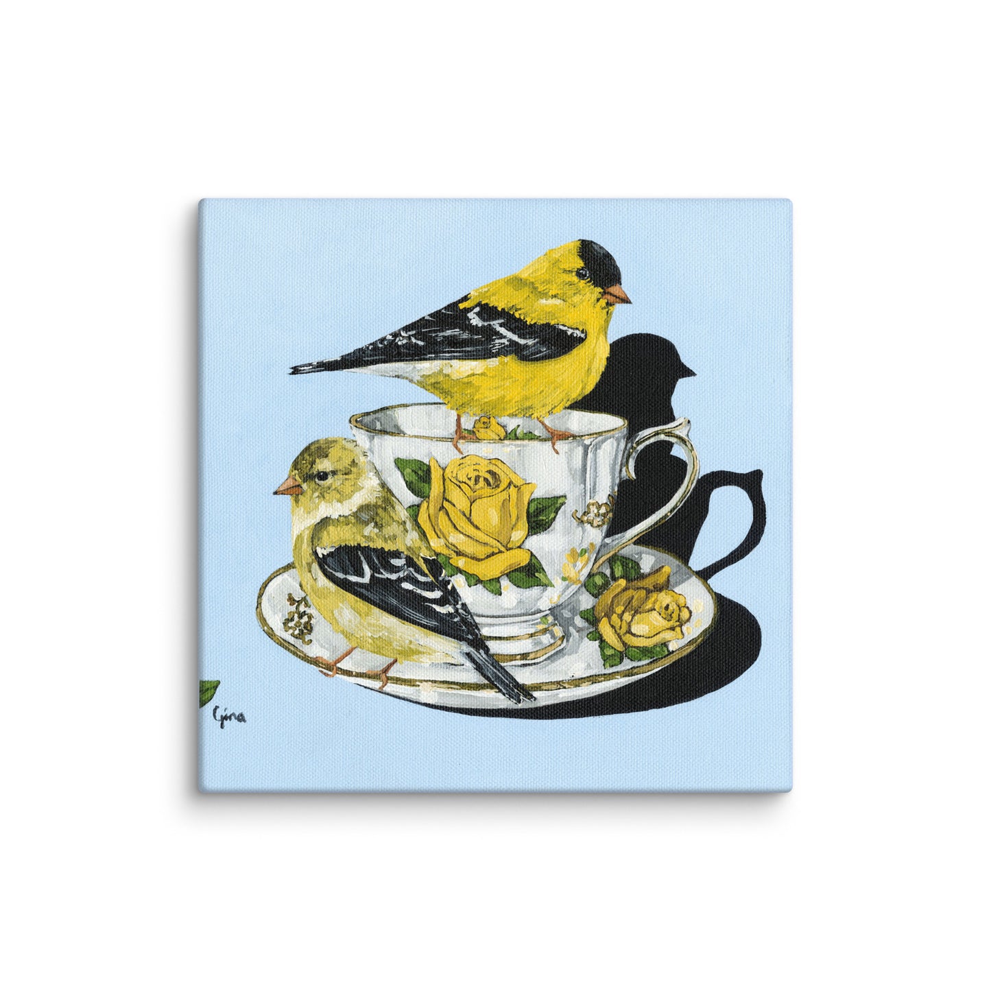 Two birds perched on a teacup — 10x10 canvas print by Birds on a Cup
