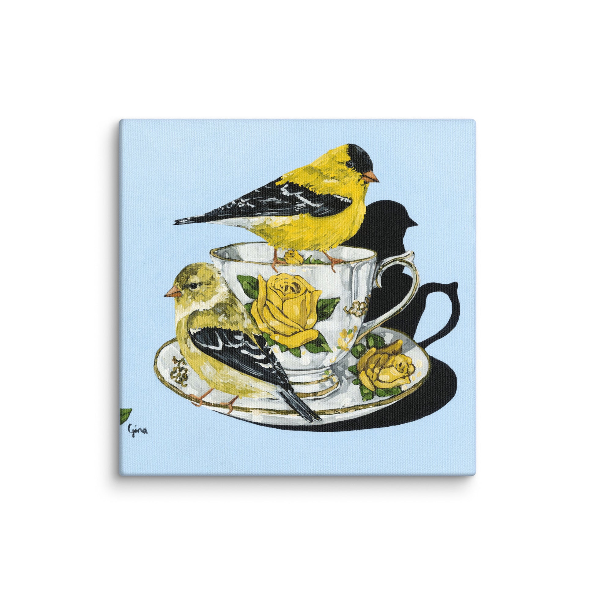 Two birds perched on a teacup — 10x10 canvas print by Birds on a Cup
