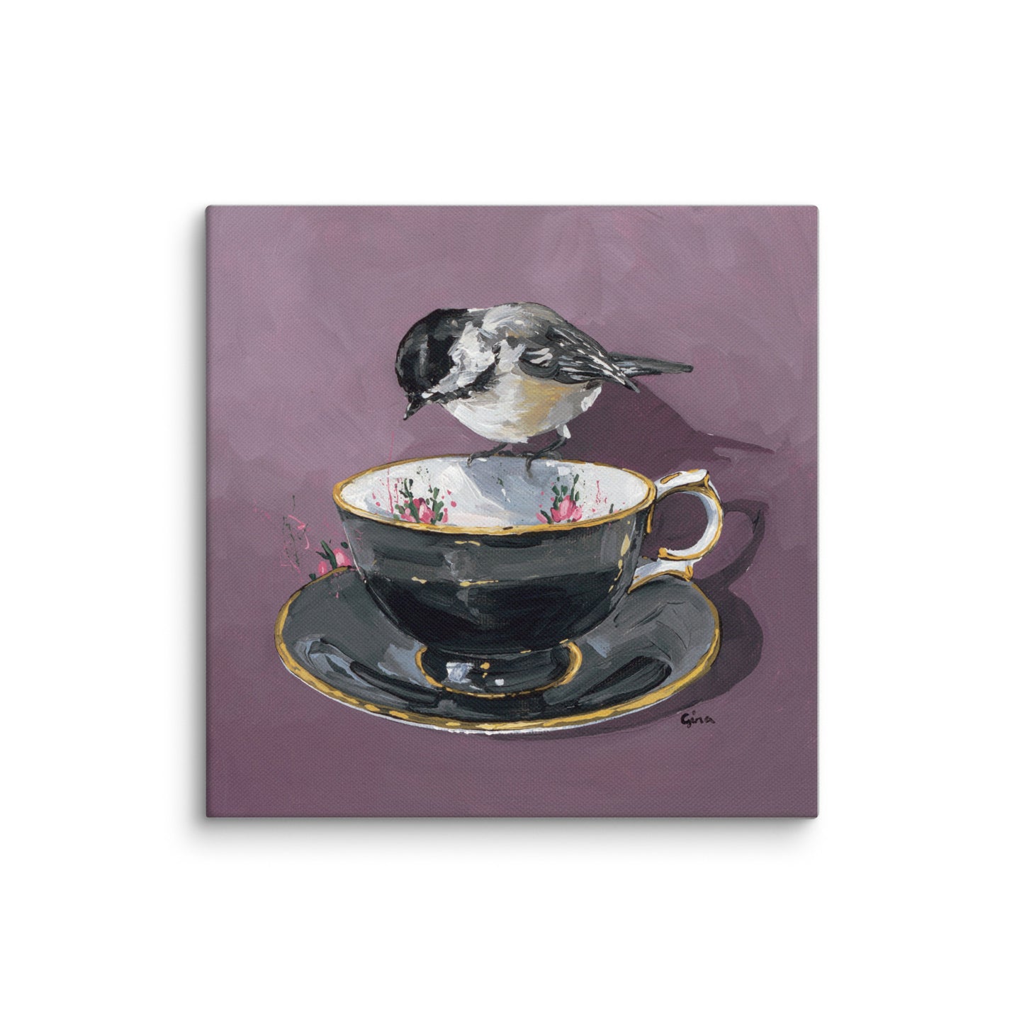 Proud Chickadee reading the tea leaves — 10x10 canvas print by Birds on a cup