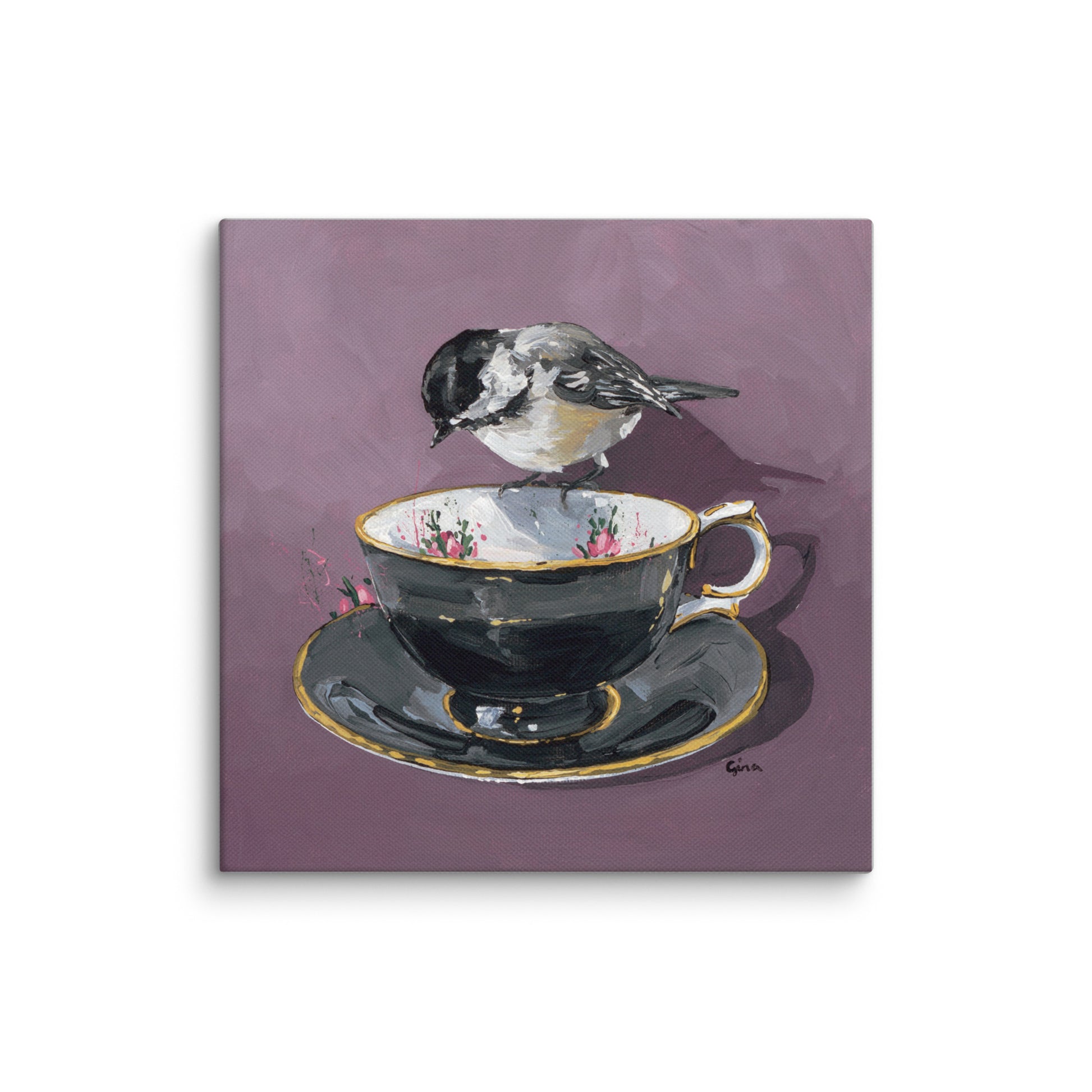 Proud Chickadee reading the tea leaves — 10x10 canvas print by Birds on a cup